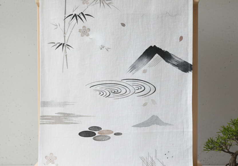 成卷軸型的窗簾布，印著日式極簡禪風圖案，背景為白色