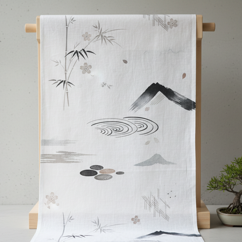成卷軸型的窗簾布，印著日式極簡禪風圖案，背景為白色